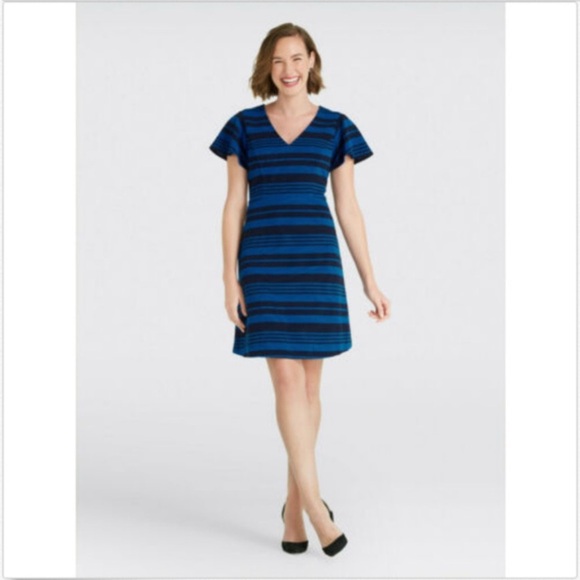 Women’s DRAPER JAMES black/blue stripe flutter sleeve dress. Size small - Picture 2 of 12